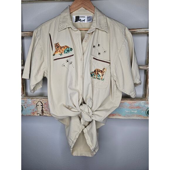 Tiger khaki Collared Button Up Top Ladies size Medium by Shipshe - Picture 5 of 12